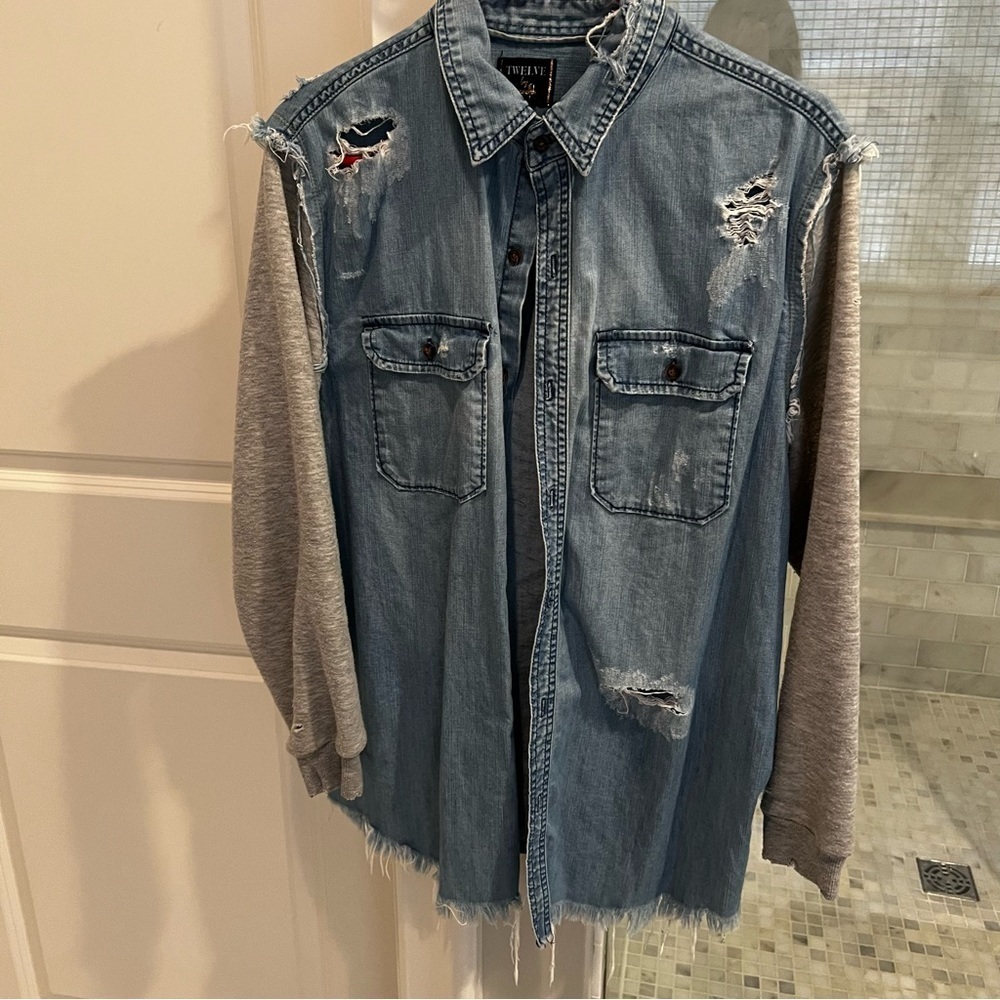 Chambray/ Sweatshirt Distressed Oversized Light Jacket - Picture 3 of 5